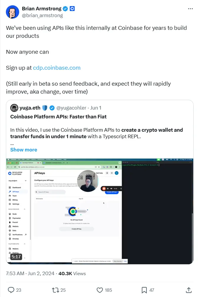 Coinbase CEO：모든 사람이 cdp.coinbase를 통해 Coinbase 플랫폼 API에 등록할 수 있습니다