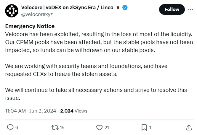 Velocore：正与安全团队和基金会合作，并已要求 CEX 冻结被盗资产