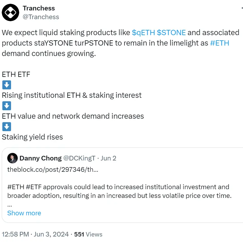 Tranchess：随着以太坊需求持续增长，流动性质押产品将受关注且质押收益率将上升