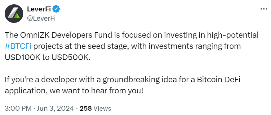 LeverFi：OmniZK 开发者基金将专注于高潜力 BTCFi 项目