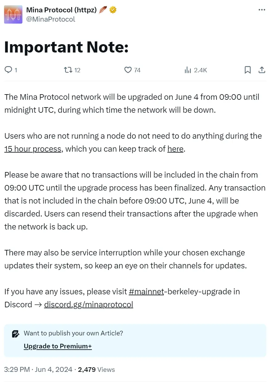 Mina 将于今日 17 时进行 Berkeley 升级并持续 15 个小时，期间网络将关闭