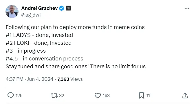 DWF Labs co-founder: Will invest more funds into Meme coins, with the third one in progress following LADYS and FLOKI