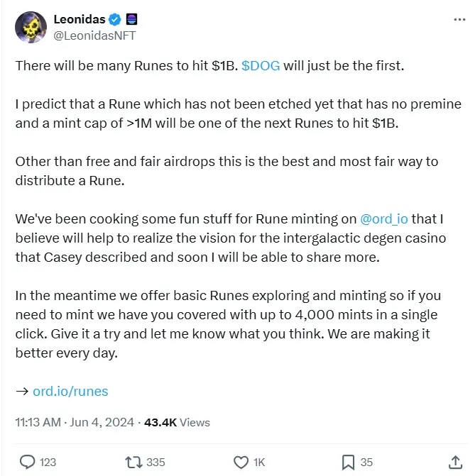 Runestone 发起人：预测下一个市值超 10 亿美元符文将符合无预挖、铸造上限超 100 万等条件