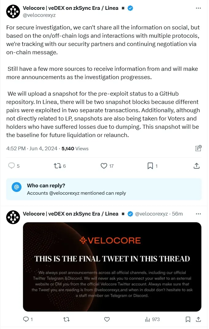 Velocore 发布安全事件更新：正在持续追踪，并对受影响用户进行快照