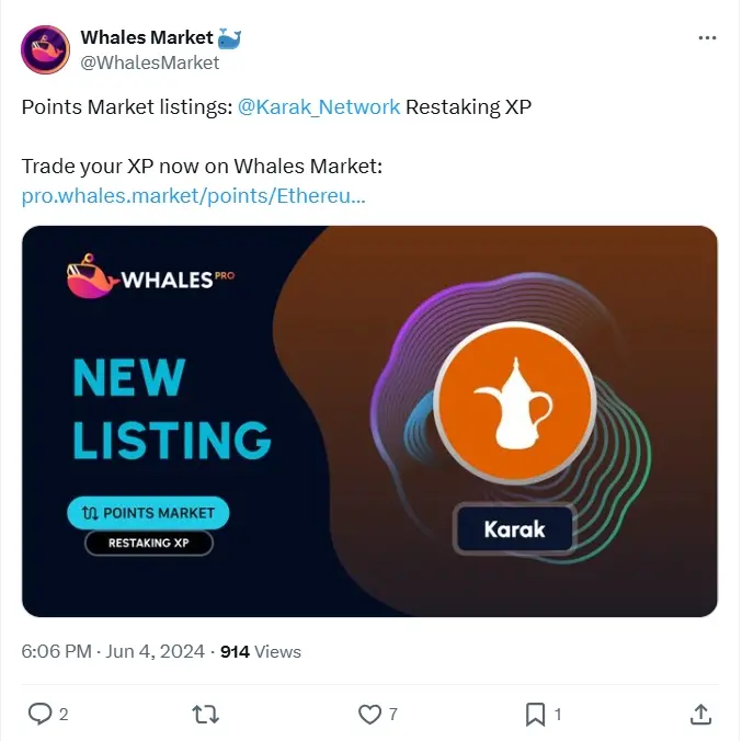 Whales Market 포인트 시장 오픈 Karak 재스테이킹 XP