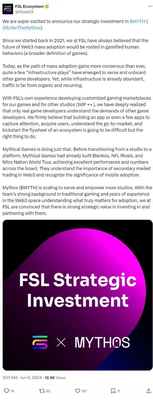 The developer of STEPN, FSL, announced a strategic investment in Mythos (MYTH)