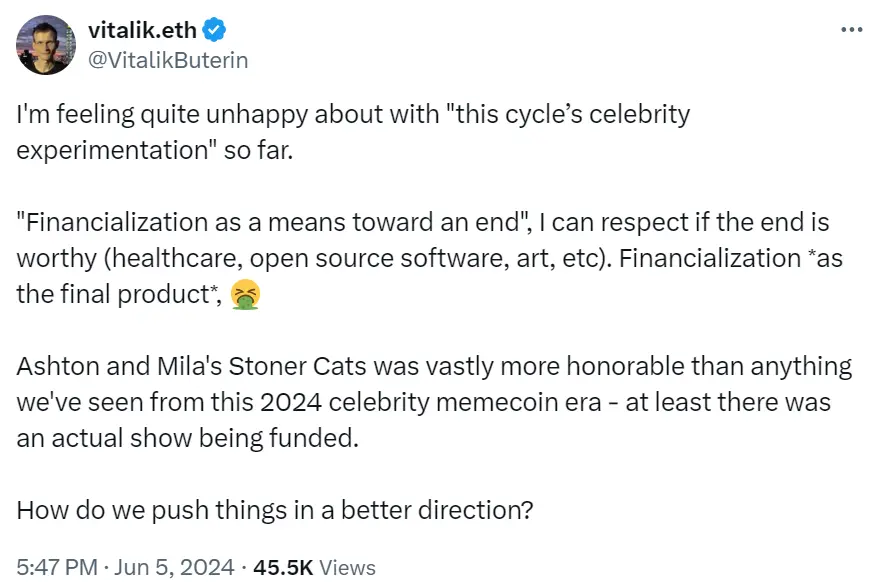 Vitalik: Very dissatisfied with the celebrity meme coin experiment