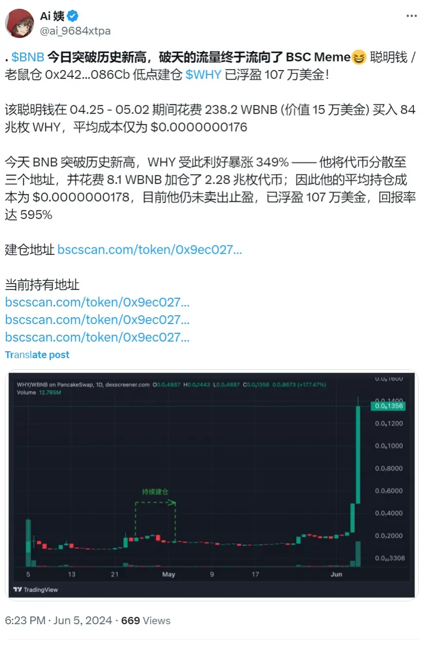 데이터: 어떤 스마트 머니가 저점에서 BSC 체인 상의 Meme 코인 WHY에 투자하여 107만 달러의 수익을 올렸으며, 수익률은 595%에 달함