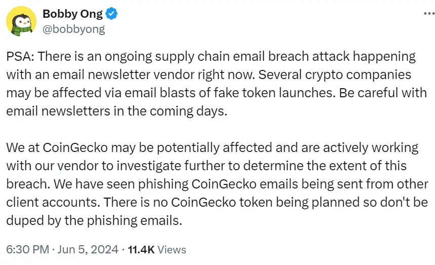 CoinGecko 联创：平台已遭受邮件供应商被黑事件影响，暂无发币计划