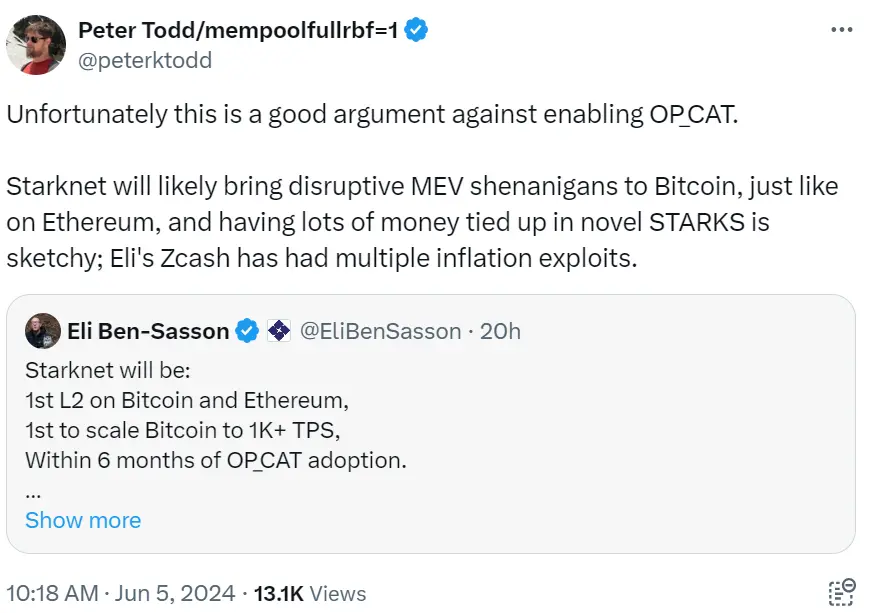 Bitcoin Core 開発者：Starknet がビットコインの拡張レイヤーに進出することは、OP_CAT の有効化に反対する良い理由です。