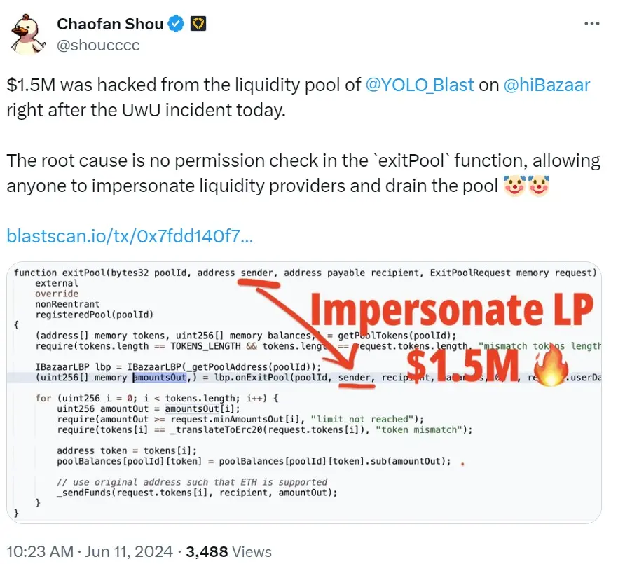 YOLO Gamesのバザールで流動性プールが盗まれ、150万ドルが被害に遭い、ハッカーは90%の資金を返還しました。