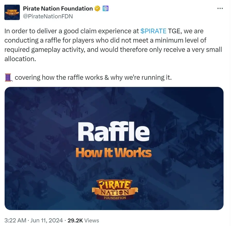 Pirate Nation 基金会：将向第一季活动中未达要求的玩家开放抽奖，以确定空投额度