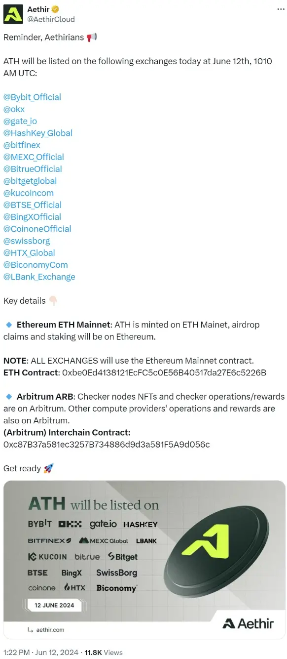 Aethir 公布 ATH 代幣合約地址，空投申領與質押將在以太坊主網上進行