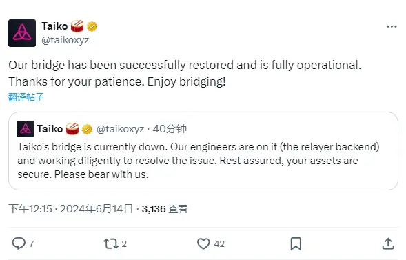 Taiko：橋接問題已成功修復並重新投入使用