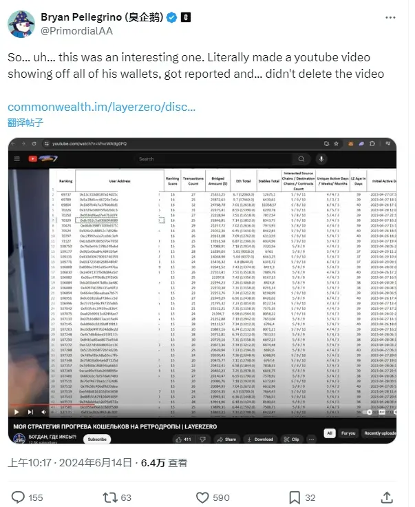 某用户拍摄 YouTube 视频炫耀其 LayerZero 账户后被举报