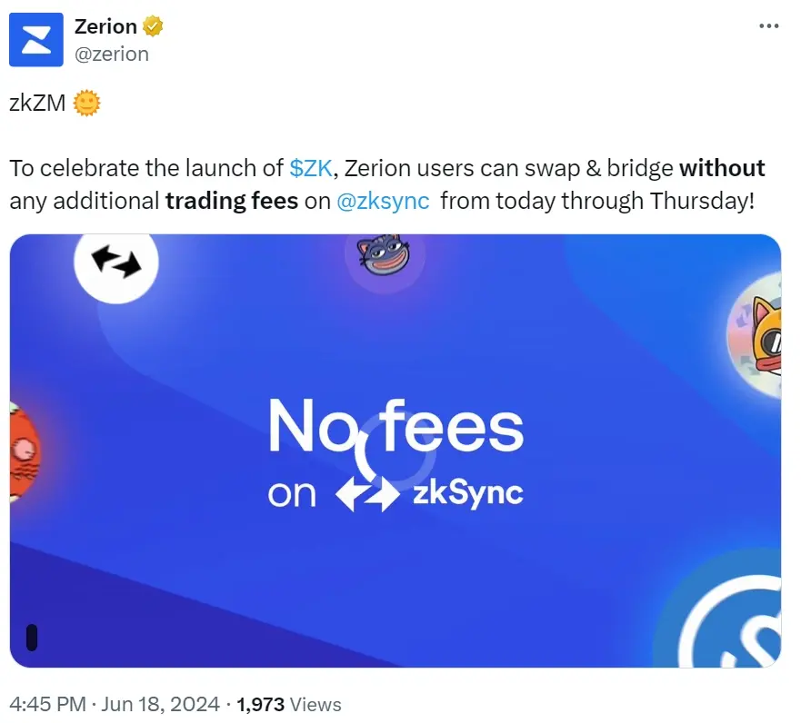 Zerion: Users can swap and bridge on the ZKsync network within 3 days without paying additional fees