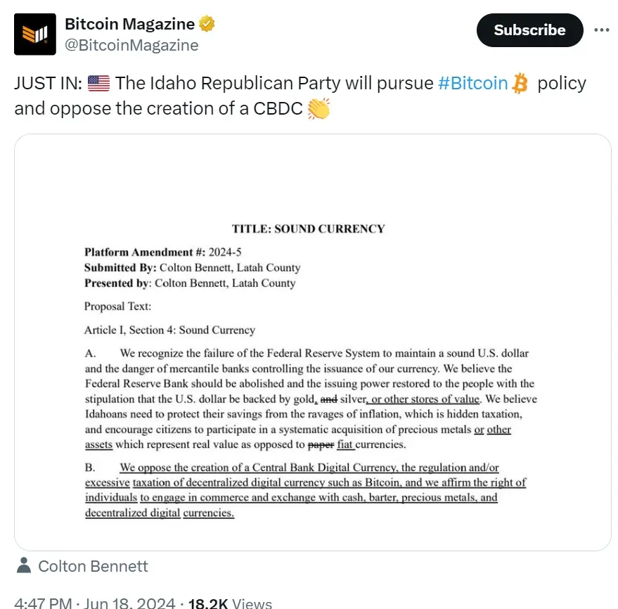 アイダホ州共和党の提案：ビットコイン政策を推進し、CBDCの創設に反対する