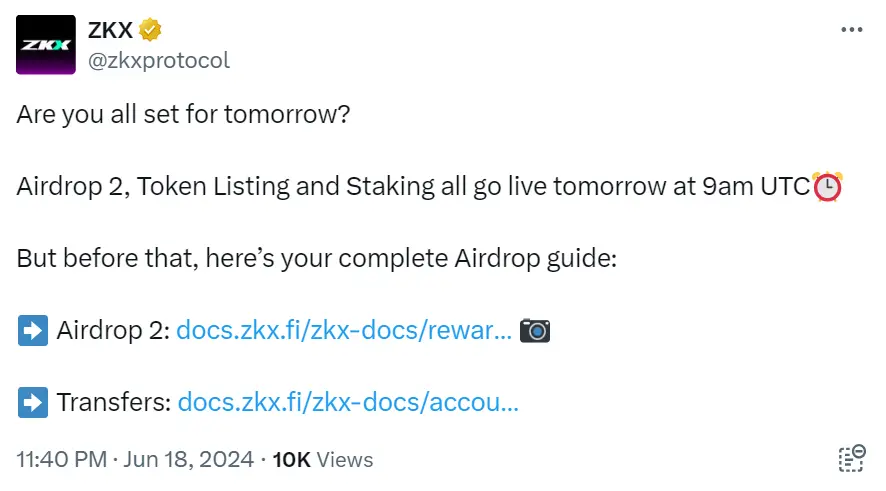 衍生品取引協定 ZKX は本日 17 時に Airdrop 2 とステーキングを開始することを発表しました。