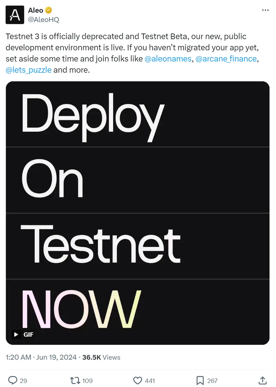 AleoはTestnet 3を廃止し、Testnet Betaバージョンをリリースしました。