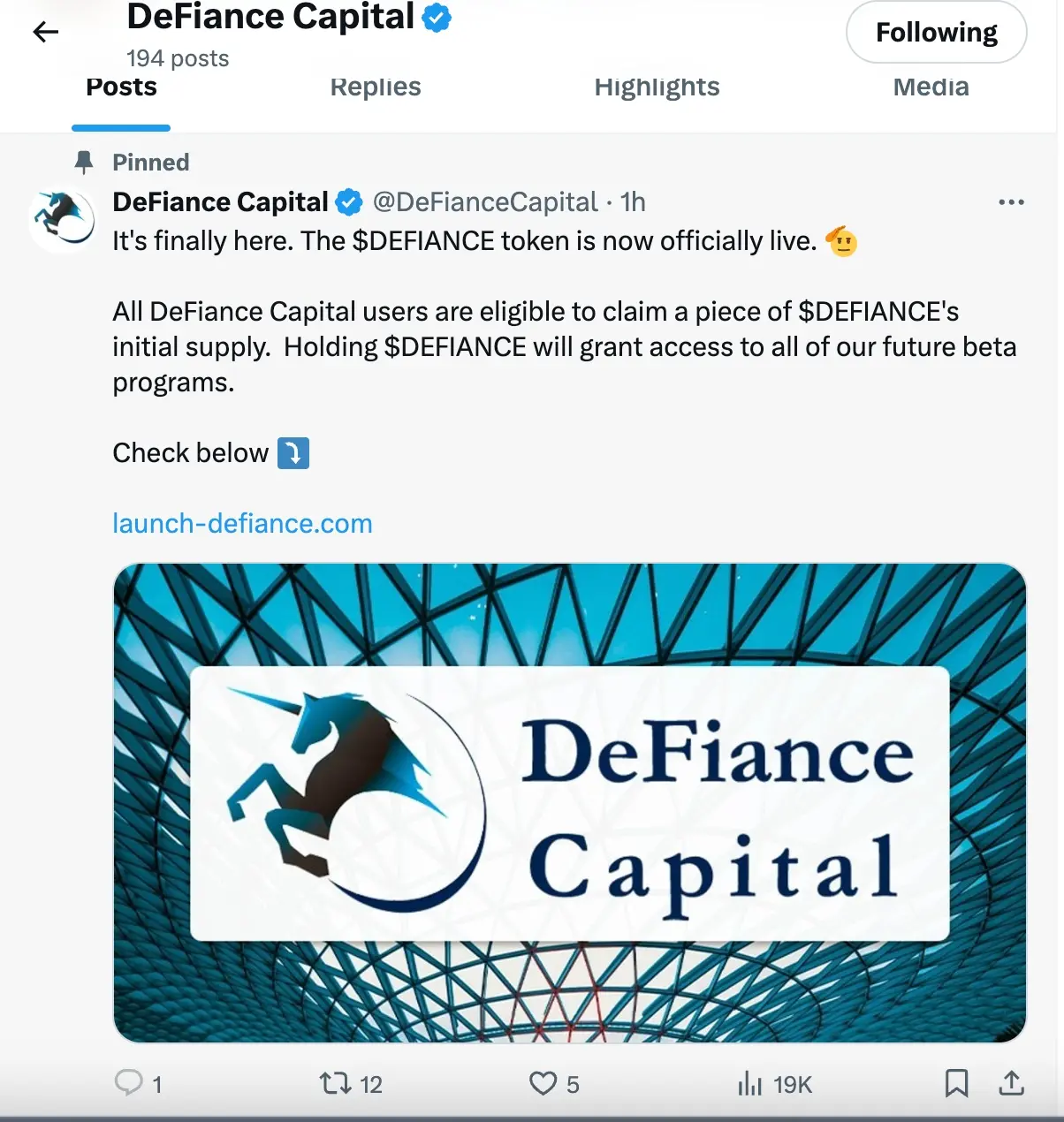 DeFiance Capital 的 X 账户被黑发布代币领取等相关信息，请不要点击任何链接