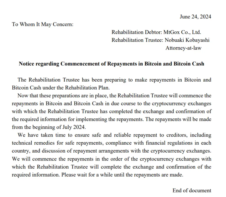 Mt. Gox 将于 2024 年 7 月初开始比特币、BCH 偿还