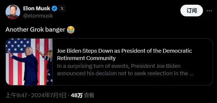 Musk retweets a parody news article generated by the chatbot Grok titled "Biden Withdraws from Election."