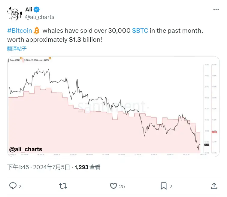データ：ビットコインの巨大ホエールたちがここ1ヶ月で3万枚以上のBTCを売却した