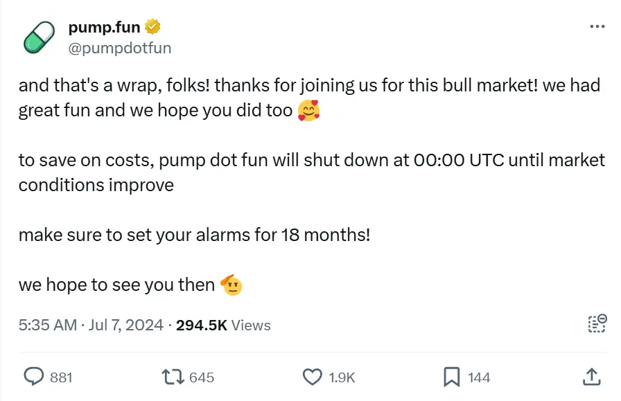 pump.funの公式Twitterがネタを使っている疑いがあり、プラットフォームを閉鎖するとのこと。