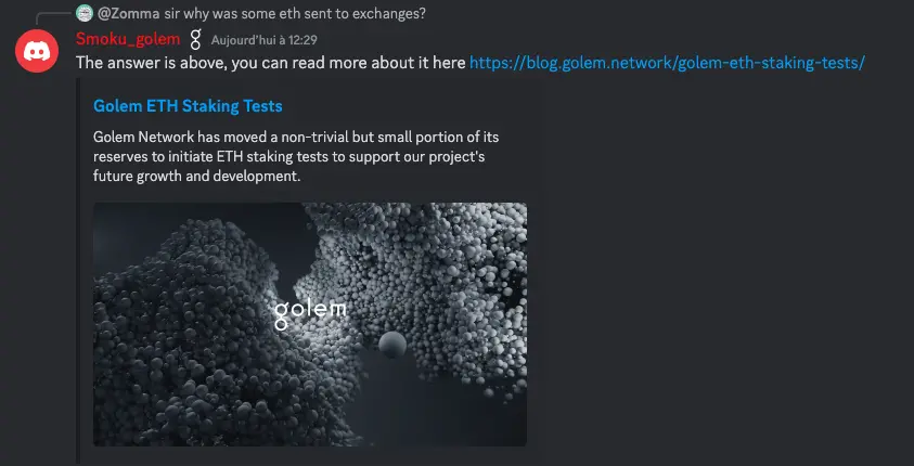Golem Network： 團隊近期出售 ETH 屬於此前公布的質押測試計劃