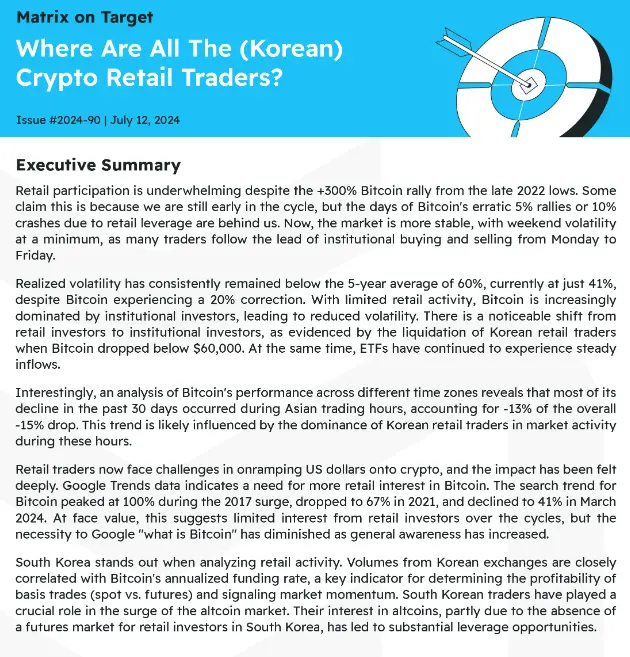 Matrixport：韩国交易所交易量与比特币年化资金利率密切相关