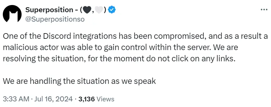 Superposition：현재 하나의 Discord 통합이 해킹당했습니다. 지금은 어떤 링크도 클릭하지 마세요