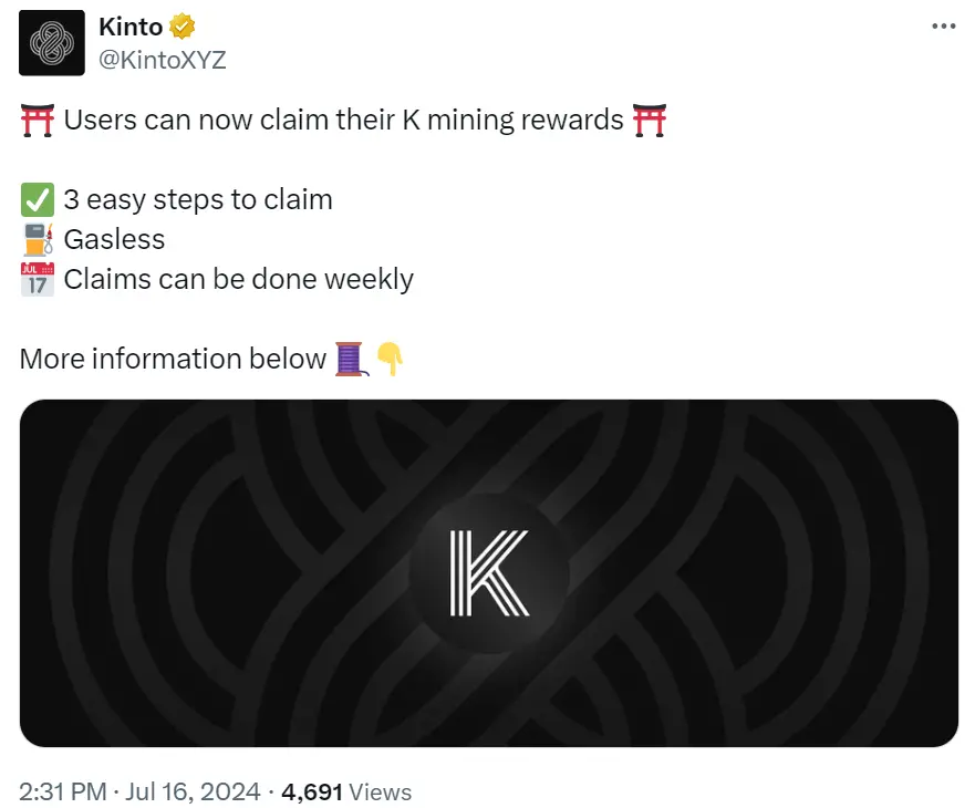 Kinto：用户现可申领 K 挖矿奖励