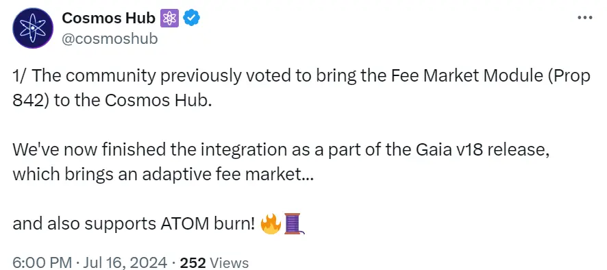 Cosmos Hub：料金市場モジュールの統合が完了し、Gaia v18 バージョンで導入されます。