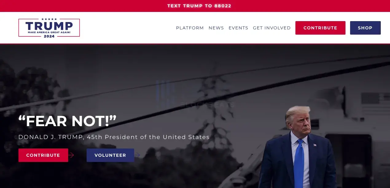 트럼프 개인 홈페이지 배너 문구 “FEAR NOT”