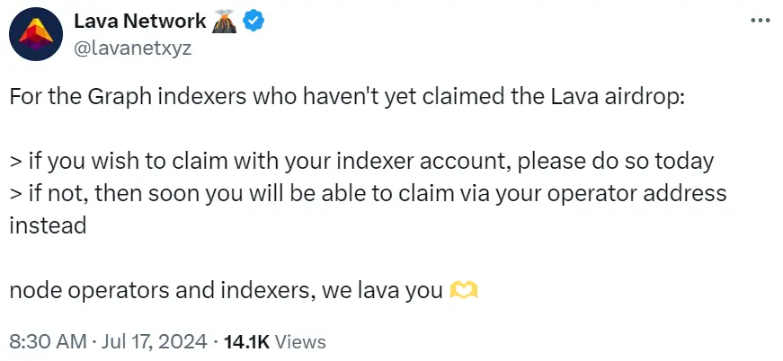 Lava Network 提醒 Graph indexer 于今日通过账户申领 LAVA 空投
