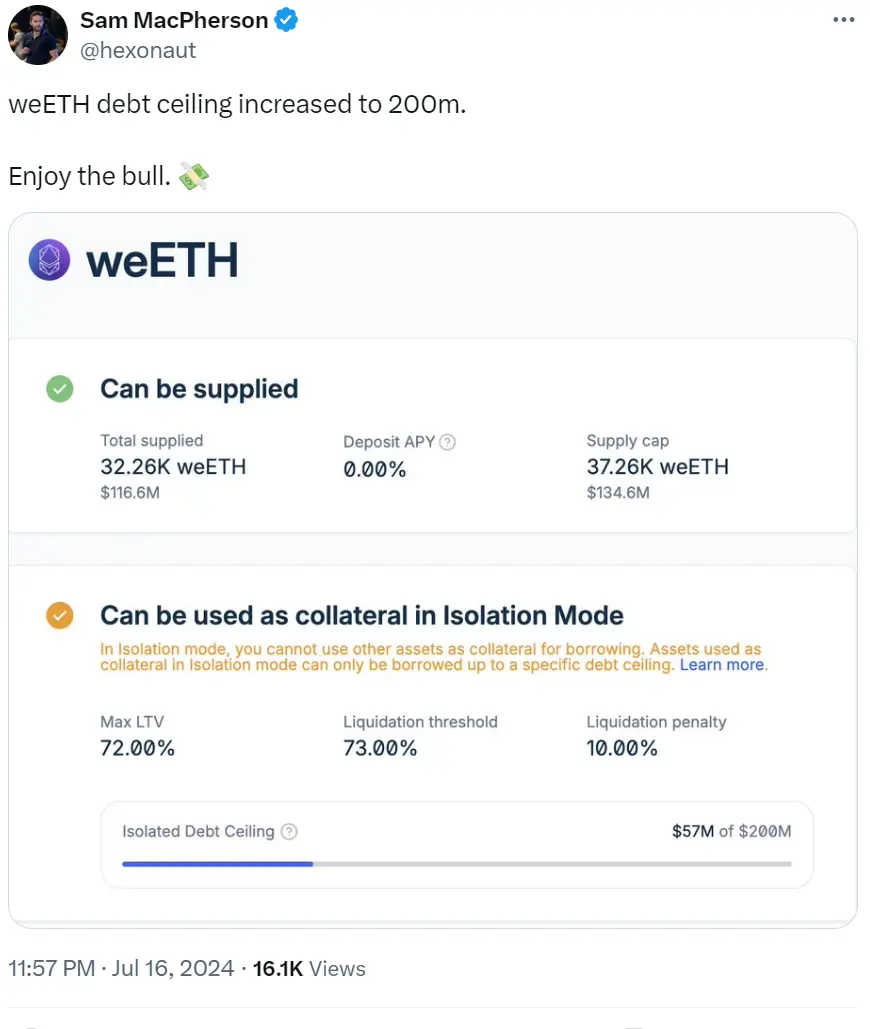 SparkLend 创始人：weETH 隔离模式债务上限已增至 2 亿美元