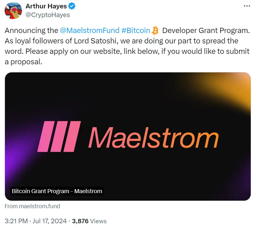 Arthur Hayes 가족 사무소 Maelstrom 비트코인 개발자 지원 프로그램 시작