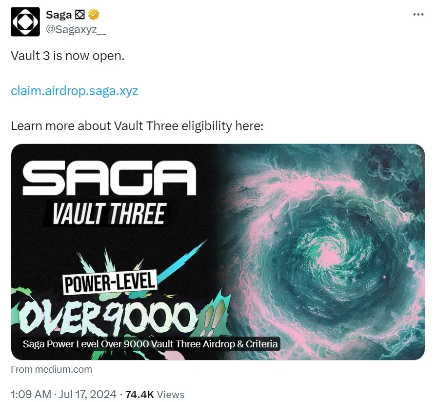 模块化项目 Saga 已开放 Vault 3 空投申领