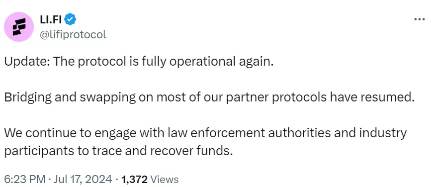 LI.FI ：协议已全面恢复运行，将继续追踪并追回资金