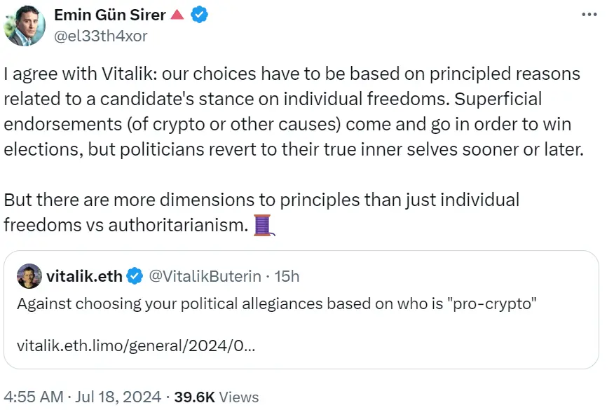 Ava Labs 创始人：同意 Vitalik 观点，政治投票不应取决于候选人加密货币立场