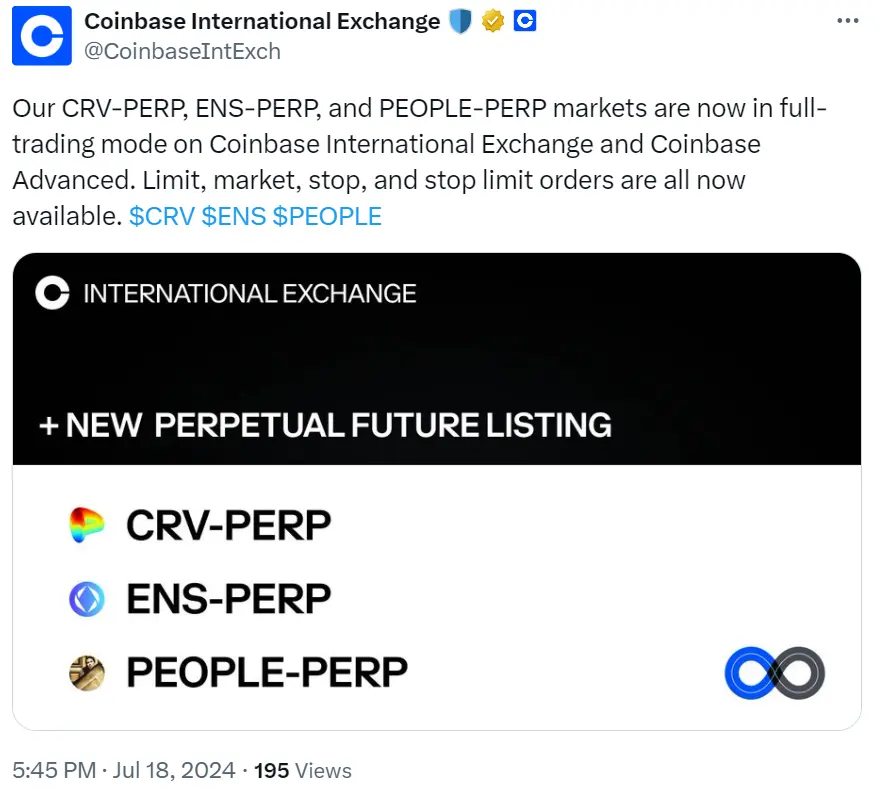 Coinbase 国際サイトに CRV、ENS、PEOPLE の永久契約が上場しました。