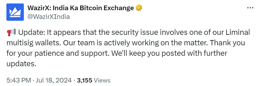 WazirX：此次安全問題涉及一個 Liminal 多簽錢包