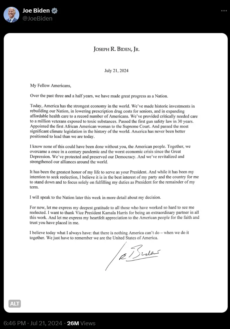 拜登宣布退出 2024 年总统竞选