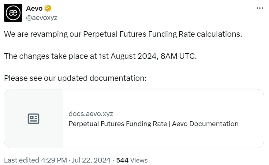 Aevoは8月から永続先物契約の資金調達レート計算方法を変更します。