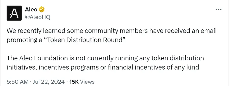 Programmable Privacy Network Aleo: The foundation has not conducted any token distribution or incentive programs, beware of related scams