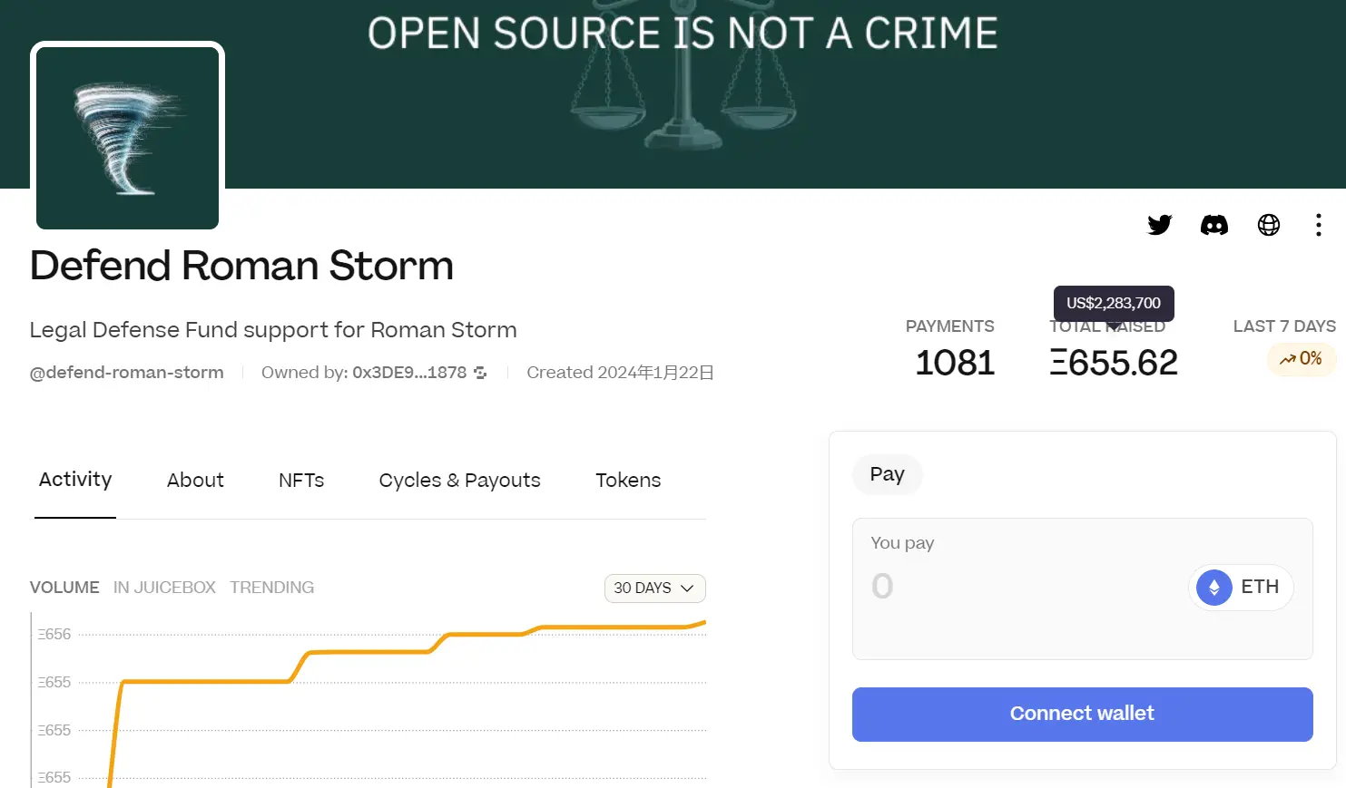 Tornado Cash 開發者 Roman Storm 呼籲為其辯護捐款，已收到超 655 枚 ETH