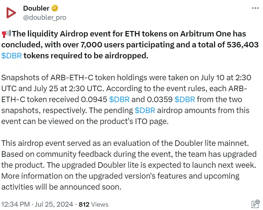 Doubler：流動性空投活動已結束，需空投 53.6 萬枚 DBR 代幣