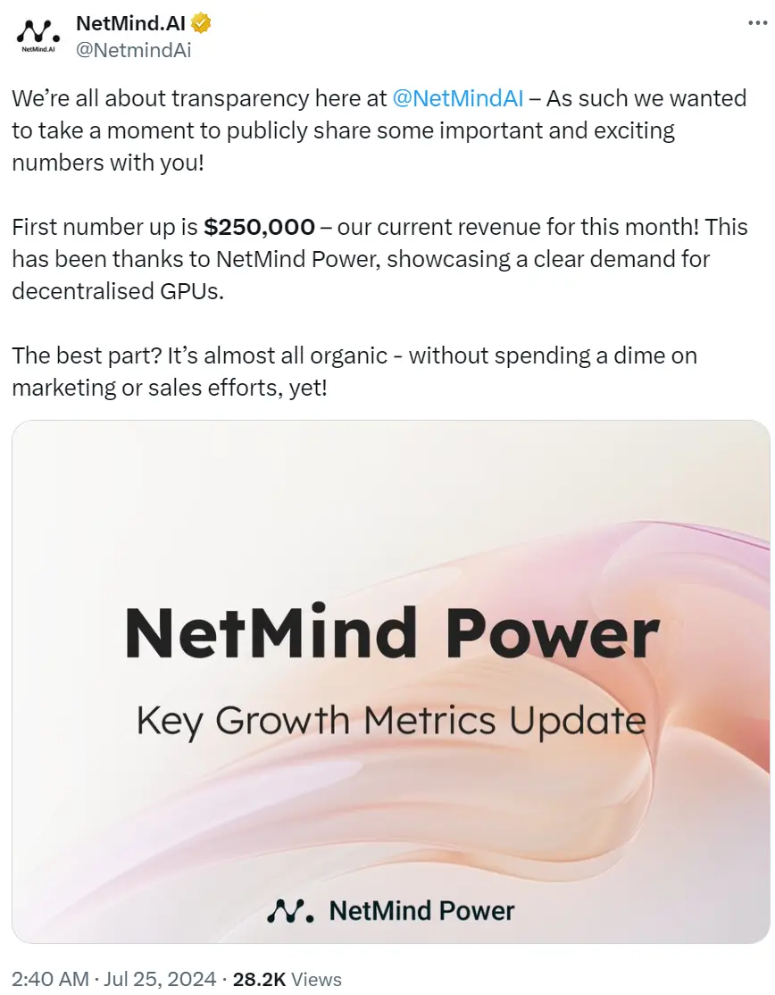 NetMind.Ai：本月目前收入达 25 万美元，年底目标收入 1000 万美元