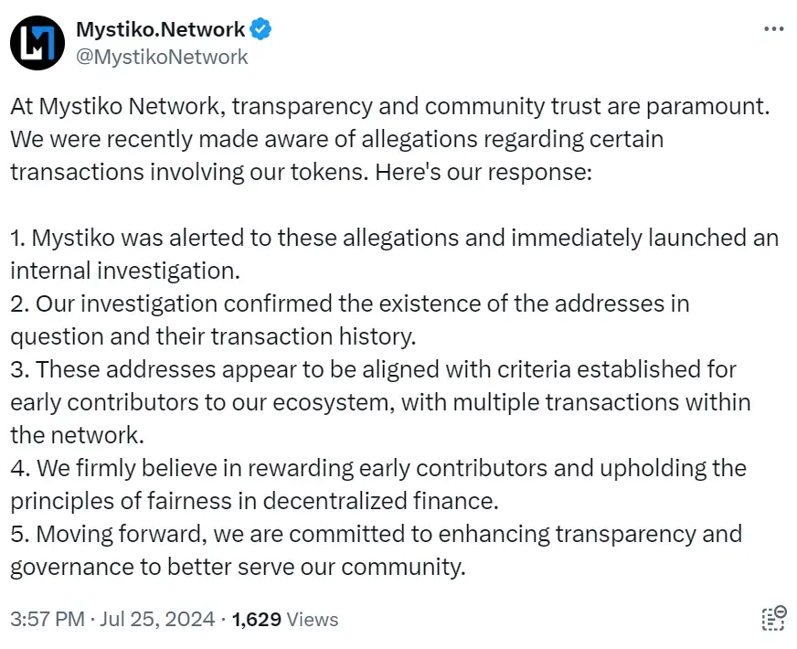 Mystiko.Network 回应内部交易指控：涉及地址符合早期贡献者标准，未来将提高透明度