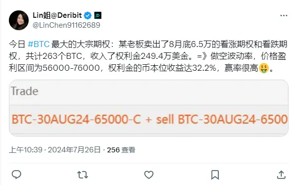 Lin Chen：Deribit 上 BTC 大宗期权卖出 8 月底 6.5 万的看涨期权和看跌期权，共计 263 个 BTC